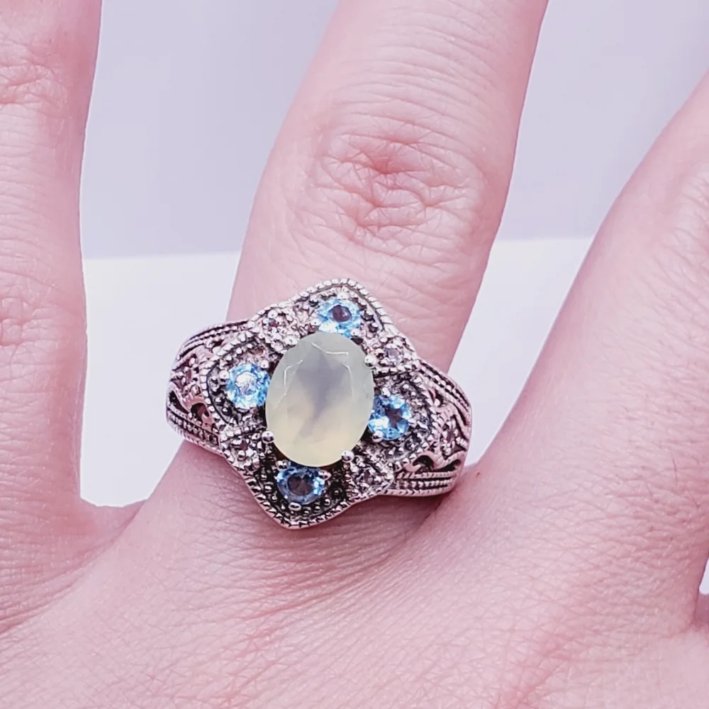 Apatite - White Topaz & Chalcedony 925 Sterling Silver Milgrain Design Ring